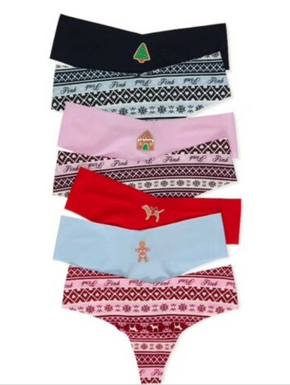 Victoria's Secret Pink 7 Pack No Show Thong Panties HOLIDAY CHRISTMAS XLARGE